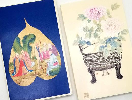 主题笔记本：《菩提叶 十八罗汉》《宿妆隐笑》，100g米色道林纸，21cm*13cm，合售40元。

装帧：锁线薄胶并用帆布包边，可大尺度近180度平摊，随心书写，随意勾画，每册内页160页，18幅图 商品图3