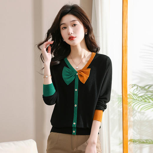 V领洋气薄款针织上衣，早春小衫时尚蝴蝶结打底衫CC-925 商品图2