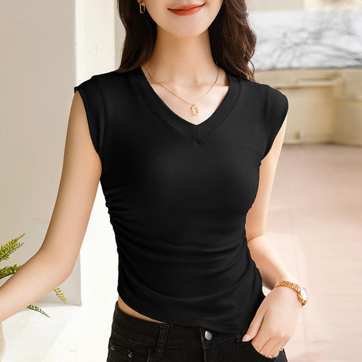 吊带背心女内搭，女装新款气质v领打底衫收腰褶皱无袖纯色上衣SG-DY030038 商品图8
