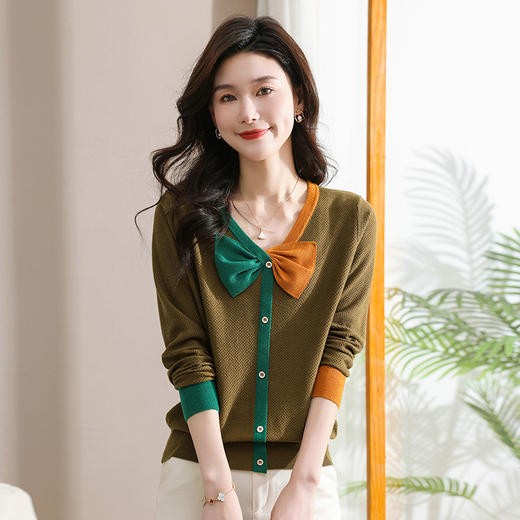V领洋气薄款针织上衣，早春小衫时尚蝴蝶结打底衫CC-925 商品图3