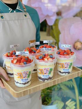 榛子薄脆水果小提桶：（内陷榛子薄脆 松软细腻蛋糕胚 安佳动物淡奶油  吃不腻的鸡肉松和新鲜水果 一桶诠释层次丰富口感饱满 大事化蛋糕小事化小提桶 hi 来一桶快乐吃吃叭）（上面装饰水果根据季节更换哟）