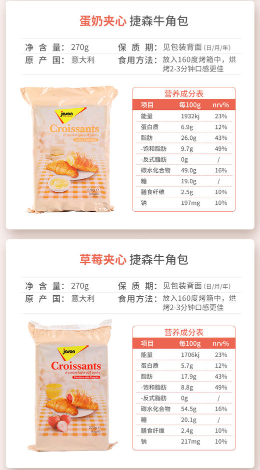【早餐面包推荐】意大利进口捷森夹心草莓/蛋奶/可可/杏酱夹心牛角面包270g/袋【中欧班列精选】 商品图12