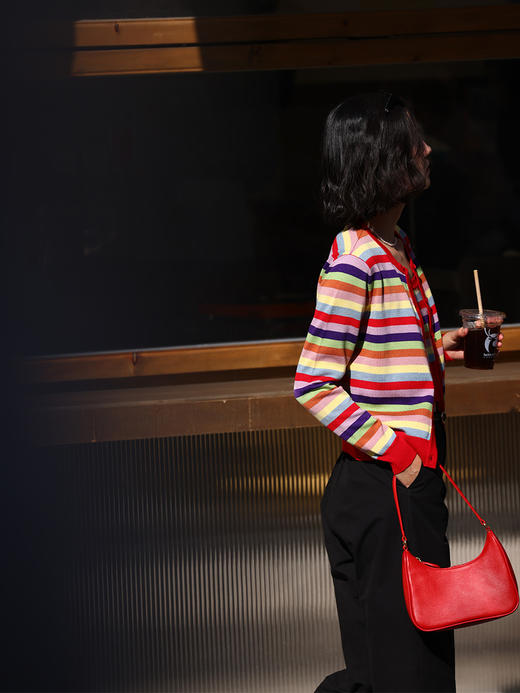 HeyDress彩虹针织开衫女春季法式条纹撞色设计感小众减龄短款上衣 商品图1