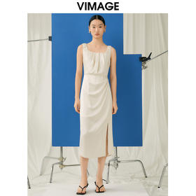 VIMAGE纬漫纪夏季新款气质收腰显瘦无袖开叉连衣裙V1907524