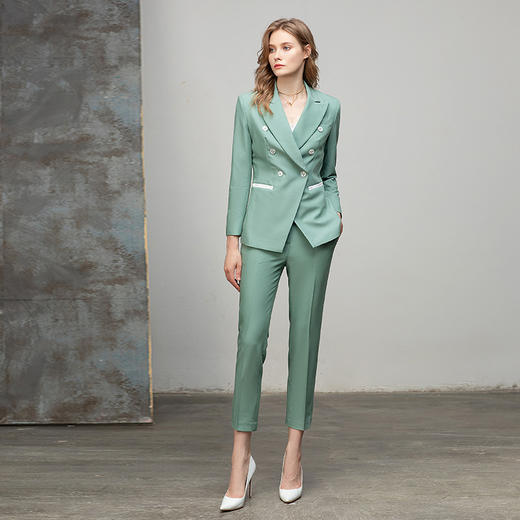 气质时尚绿色西装套装女修身显瘦双排扣播音主持上镜职业装工作服 CP10335-G 商品图2