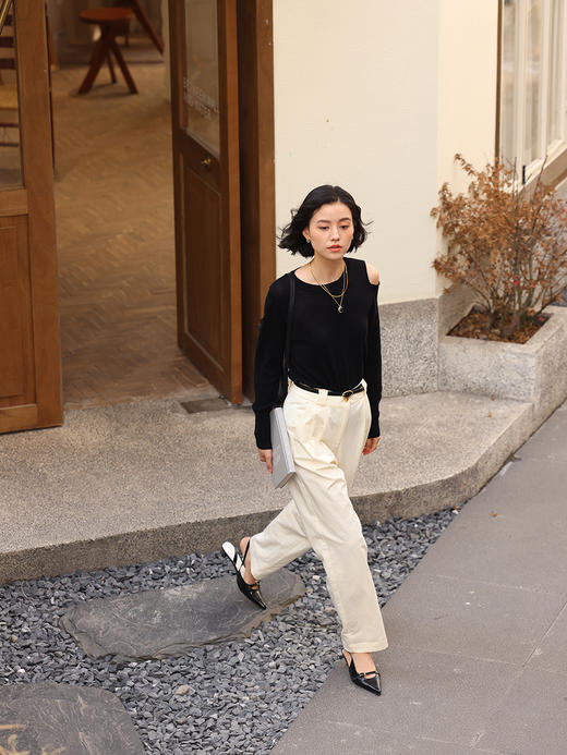 HeyDress法式针织衫女春季圆领露肩设计感宽松T恤小众打底衫上衣 商品图1