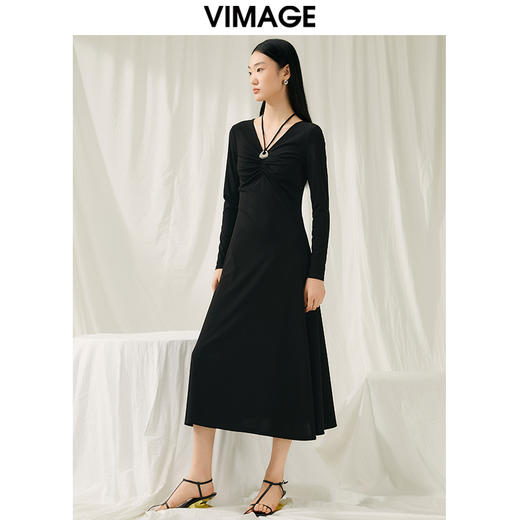 VIMAGE纬漫纪春季新款气质V领收腰显瘦连衣裙女礼服V1977503 商品图1