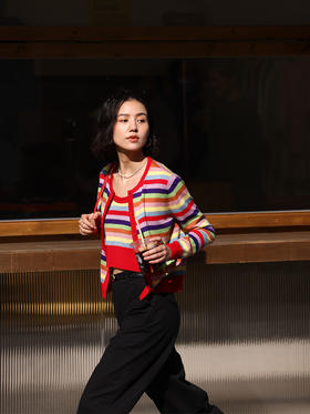 HeyDress彩虹针织开衫女春季法式条纹撞色设计感小众减龄短款上衣