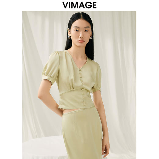 VIMAGE纬漫纪夏季新款V领泡泡袖修身短款小上衣女V1913536 商品图2