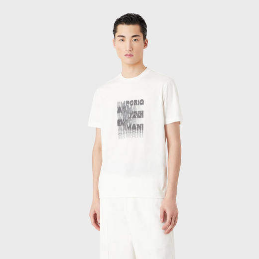 EMPORIO ARMANI 阿玛尼 男士棉质 80 年代效果徽标印花比马平纹针织圆领短袖T恤 白色 3R1TDE 1JPZZ 0101 商品图1