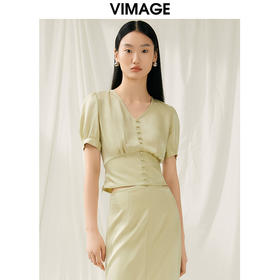VIMAGE纬漫纪夏季新款V领泡泡袖修身短款小上衣女V1913536