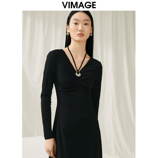 VIMAGE纬漫纪春季新款气质V领收腰显瘦连衣裙女礼服V1977503 商品图2