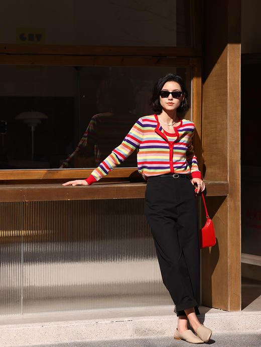 HeyDress彩虹针织开衫女春季法式条纹撞色设计感小众减龄短款上衣 商品图2