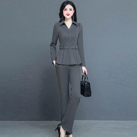 QYM 237727-Y收腰上衣打底衫+高腰裤优雅套装 商品图4