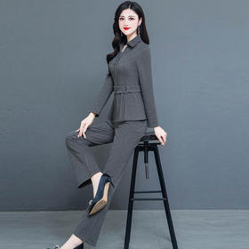 QYM 237727-Y收腰上衣打底衫+高腰裤优雅套装