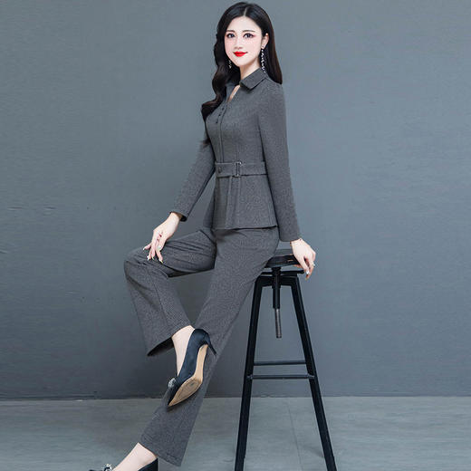 QYM 237727-Y收腰上衣打底衫+高腰裤优雅套装 商品图0