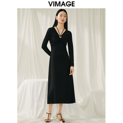 VIMAGE纬漫纪春季新款气质V领收腰显瘦连衣裙女礼服V1977503 商品图3
