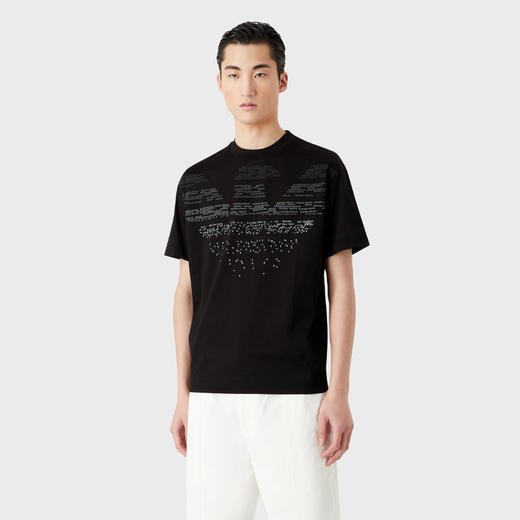 EMPORIO ARMANI 阿玛尼 男士棉质大号老鹰橡胶字母图案丝光平纹针织圆领短袖T恤 黑色 3R1TV0 1JSAZ 0999 商品图1