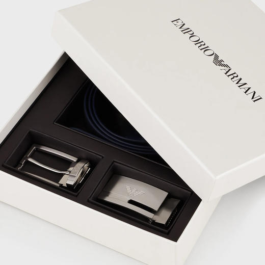 EMPORIO ARMANI 阿玛尼 男士 Saffiano 皮革双面腰带和可更换搭扣配有礼品盒 黑色/蓝色 Y4S498 YLP4E 81285 商品图3