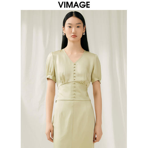 VIMAGE纬漫纪夏季新款V领泡泡袖修身短款小上衣女V1913536 商品图5