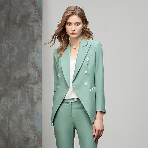 气质时尚绿色西装套装女修身显瘦双排扣播音主持上镜职业装工作服 CP10335-G 商品图5