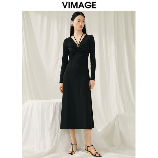VIMAGE纬漫纪春季新款气质V领收腰显瘦连衣裙女礼服V1977503 商品图5