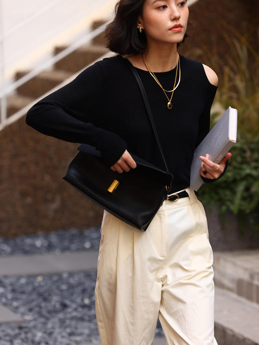 HeyDress法式针织衫女春季圆领露肩设计感宽松T恤小众打底衫上衣 商品图0