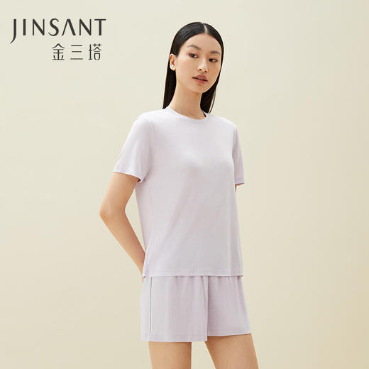 金三塔真丝T恤女桑蚕丝针织软糯裸感舒适简约宽松上衣女家居短裤  YZFDA703 商品图1