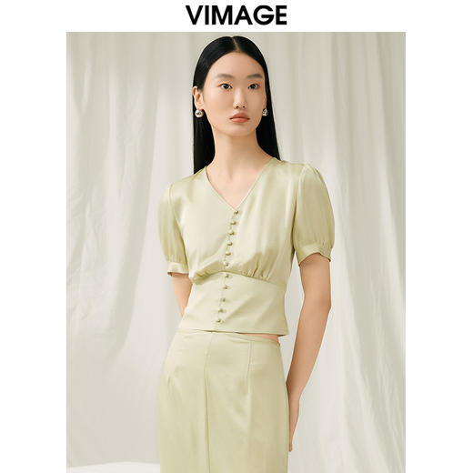 VIMAGE纬漫纪夏季新款V领泡泡袖修身短款小上衣女V1913536 商品图3