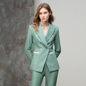 气质时尚绿色西装套装女修身显瘦双排扣播音主持上镜职业装工作服 CP10335-G
