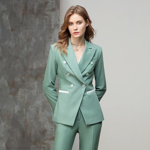 气质时尚绿色西装套装女修身显瘦双排扣播音主持上镜职业装工作服 CP10335-G 商品图0