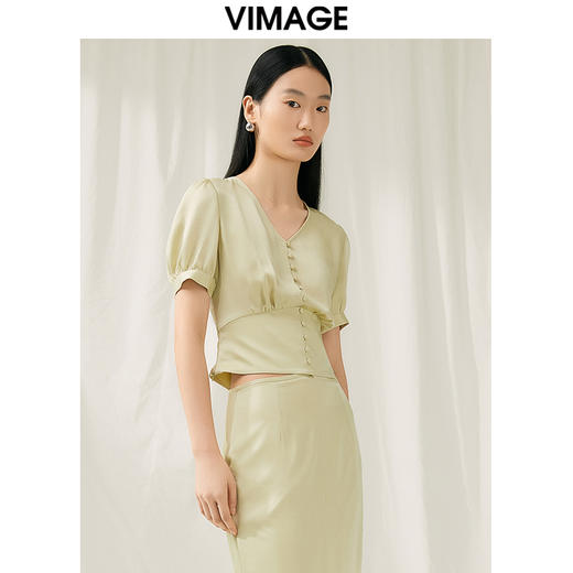 VIMAGE纬漫纪夏季新款V领泡泡袖修身短款小上衣女V1913536 商品图4