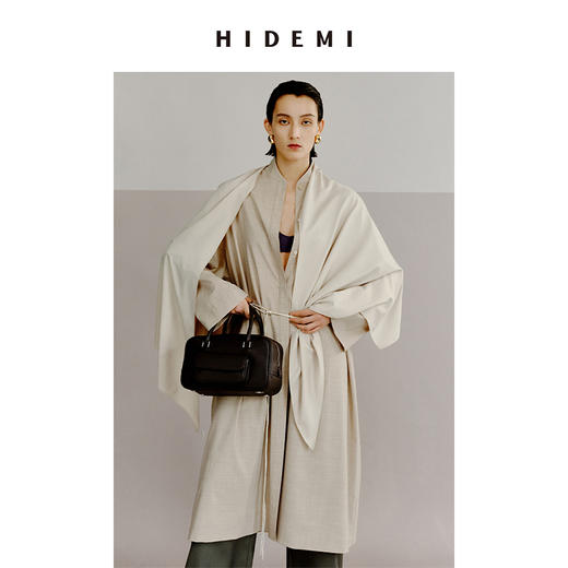 HIDEMI 极简设计感丝巾拼接式精纺羊毛长款风衣 商品图2