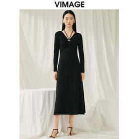 VIMAGE纬漫纪春季新款气质V领收腰显瘦连衣裙女礼服V1977503