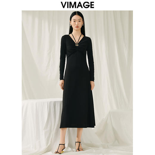 VIMAGE纬漫纪春季新款气质V领收腰显瘦连衣裙女礼服V1977503 商品图0