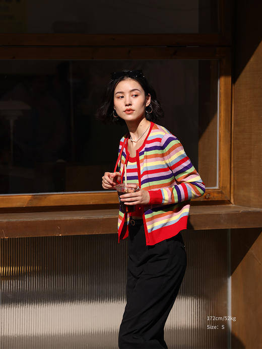 HeyDress彩虹针织开衫女春季法式条纹撞色设计感小众减龄短款上衣 商品图3