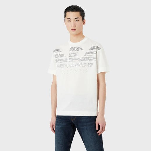 EMPORIO ARMANI 阿玛尼 男士棉质大号老鹰橡胶字母图案丝光平纹针织圆领短袖T恤 白色 3R1TV0 1JSAZ 0101 商品图1