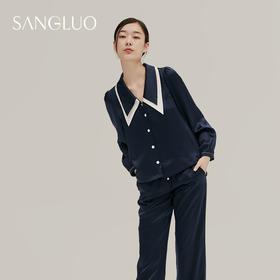 SANGLUO法式尖领泡泡袖19姆米真丝睡衣睡裤套装女桑蚕丝家居服可外穿