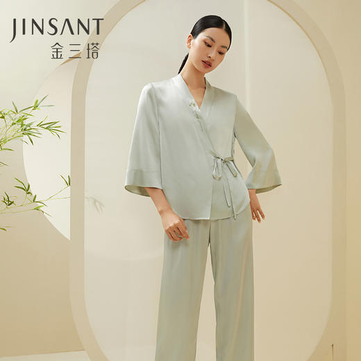 节日礼物】金三塔桑蚕丝弹力绸缎女刺绣花衣裤套可外穿家居服真丝睡衣  YSFDA205 商品图0