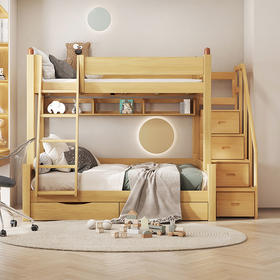 喜梦宝全实木子母床高低床儿童床上下床双层床小户型多功能书架床 小画家