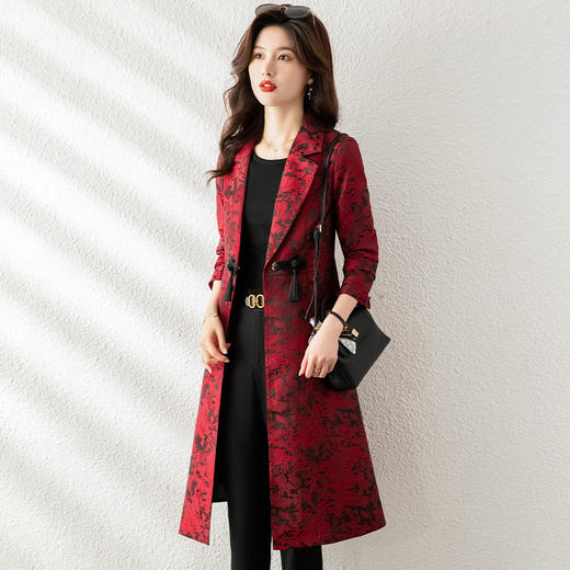 优雅百搭，印花中长款收腰盘扣风衣QYM-CQ2293 商品图2