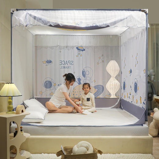 自然醒婴幼儿A类防尘方顶坐床蚊帐防摔儿童加固加厚宝宝防止掉床卡通印花床笠款折叠支架8861HH 商品图4