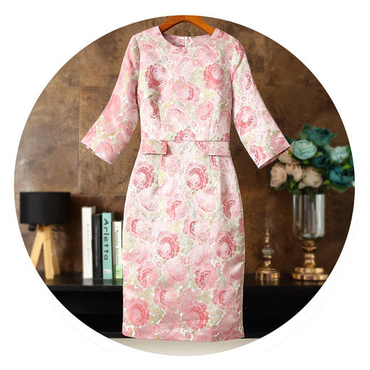 春秋新款，玫瑰油画提花基础圆领七分袖中腰修身女通勤连衣裙ZSM-230219 商品图4