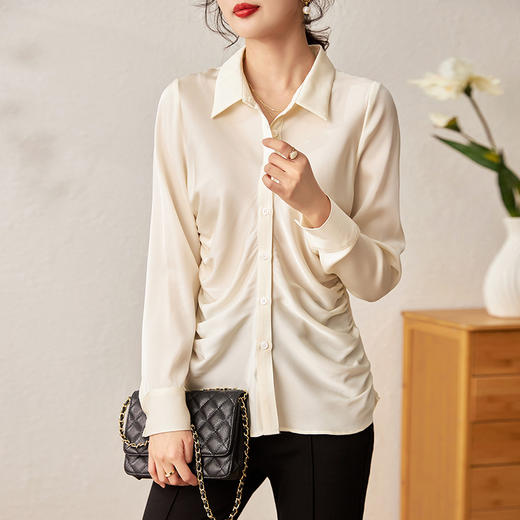 通勤修身，重磅真丝双乔衬衫缎面立体褶皱遮肉显瘦衬衣WLZD-2301608 商品图1