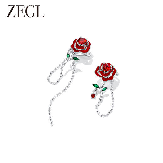 ZEGL设计师红玫瑰系列红色花朵耳环女小众设计感耳钉不对称耳饰品 商品图1