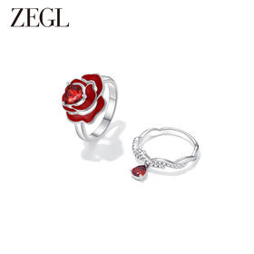 ZEGL设计师红玫瑰系列红色花朵戒指女小众设计高级感水滴食指戒子
