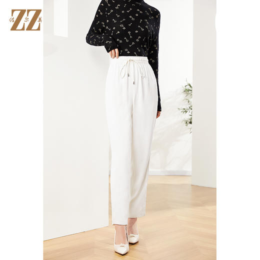 佐尔美2023新款 气质百搭抽绳松紧腰白色长裤E13KC47 商品图3