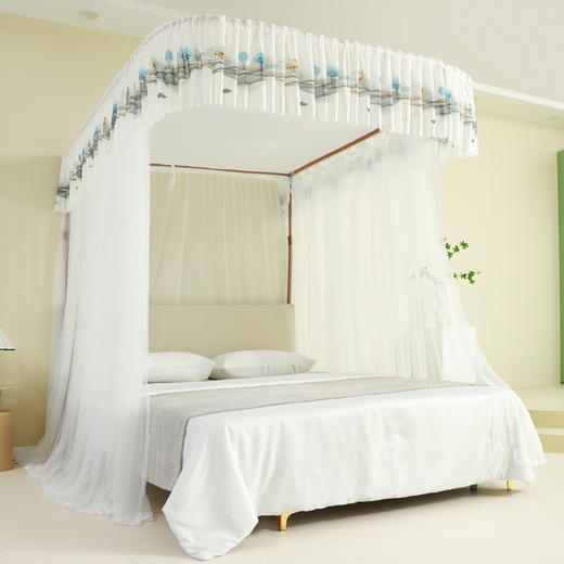 自然醒U型导轨蚊帐加密加厚轨道支架升降伸缩三开卧室家用落地2308HH 商品图2