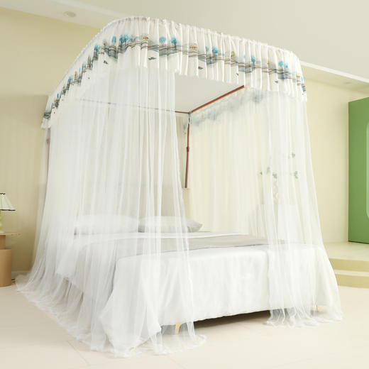 自然醒U型导轨蚊帐加密加厚轨道支架升降伸缩三开卧室家用落地2308HH 商品图3