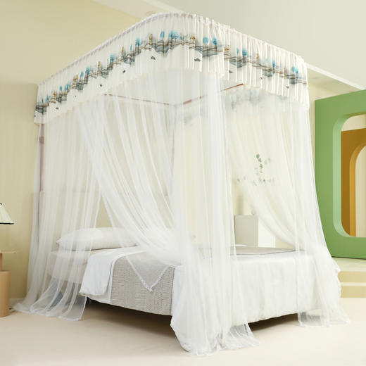 自然醒U型导轨蚊帐加密加厚轨道支架升降伸缩三开卧室家用落地2308HH 商品图0